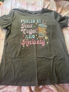 Graphic 'Fueled by Iced Coffee and Anxiety' Short Sleeve Tee - Charcoal